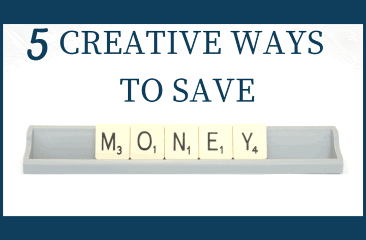 5 creative ways to save money. The word money is written with scrabble tiles and the tiles are sitting on a tile holder.
