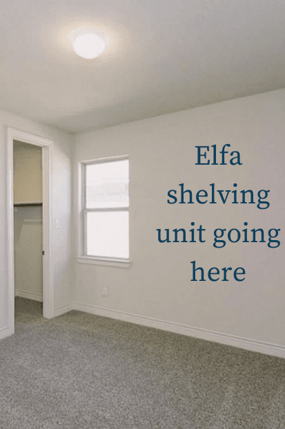 An empty room with Elfa shelving for organizing the room