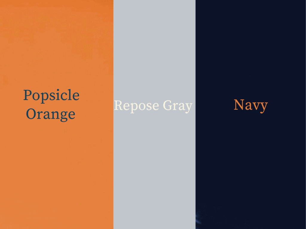 A color swatch of bright orange, gray, and Navy