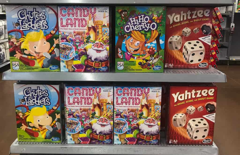 Many board games on a store shelf