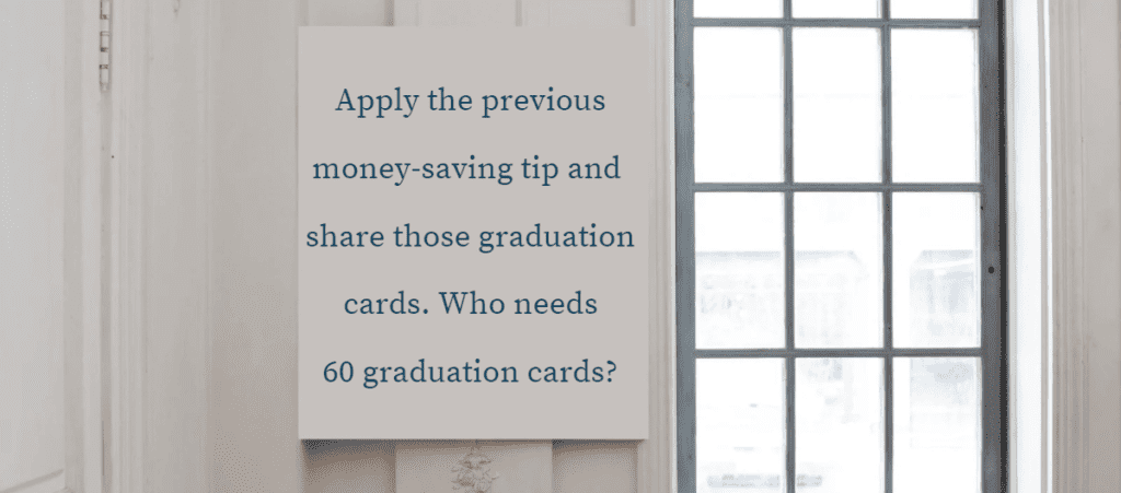 money-saving tip stating you should share a large box of graduation cards sold on Amazon