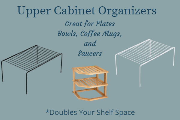Collage of upper cabinet dish organizers