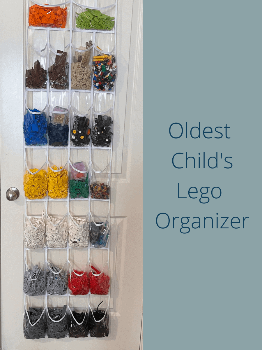 An over-the-door shoe organizer with each pocket filled with a different colored Lego
