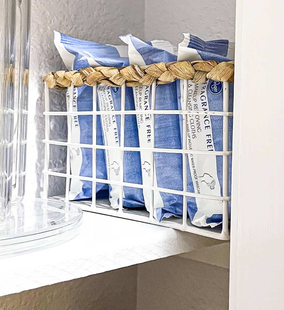 Bathroom storage holding facial cleansing wipes