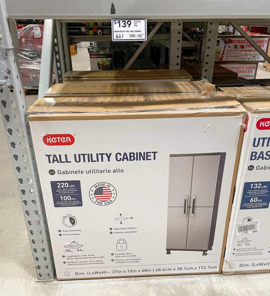 A boxed storage cabinet on display at Lowe's