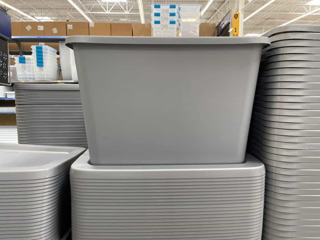 A stack of gray storage bins at Wal Mart
